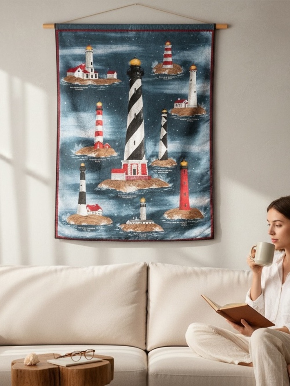 Springs Industries Nautical Lighthouse Wall Tapestry 36x25.5 Dark Blue Base Red